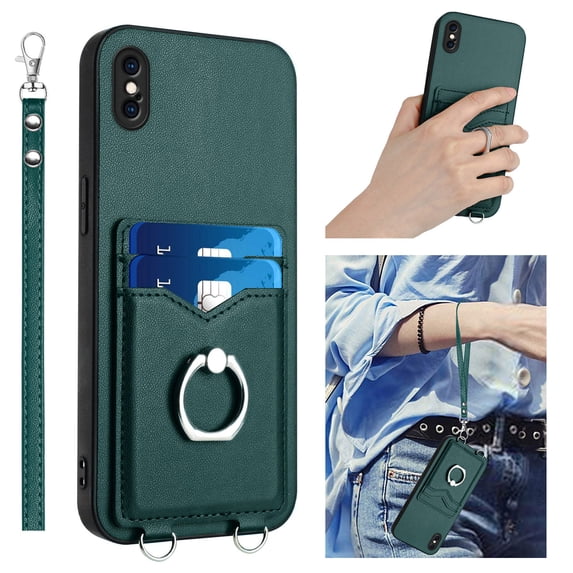 Wallet Case for iPhone X/XS, Stylish Ultra Slim PU Leather Card Slots Ring Stand Wrist Strap Shockproof Protective Thin Lightweight Back Case Cover for iPhone X/XS, Green