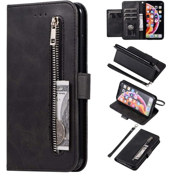 Wallet Case for iPhone XR, 5 Card Slots Magnetic Closure Zipper Pocket Handbag PU Leather Flip Case with Wrist Strap TPU Kickstand Cover for iPhone XR - Black