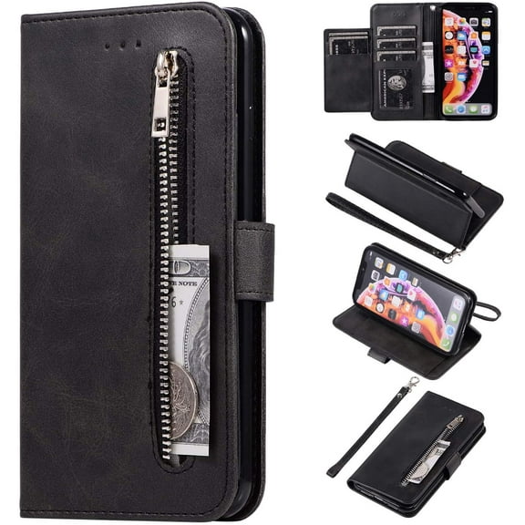 Wallet Case for iPhone XR, 5 Card Slots Magnetic Closure Zipper Pocket Handbag PU Leather Flip Case with Wrist Strap TPU Kickstand Cover for iPhone XR - Black