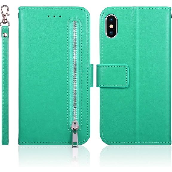 Wallet Case for iPhone XR, 5 Card Slots Magnetic Closure Zipper Pocket Handbag PU Leather Flip Case with Wrist Strap TPU Kickstand Cover for iPhone XR - Mint Green