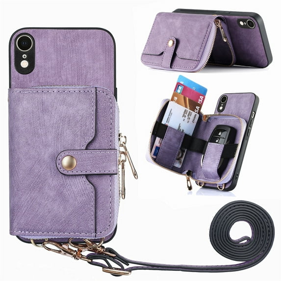 Wallet Case for iPhone XR, Adjustable Detachable Crossbody Zipper Purse Case with Card Holder & Kickstand, PU Leather Flip Folio Case for iPhone XR, Purple