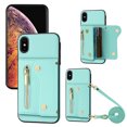 thumbnail image 1 of Wallet Case for iPhone XR, Classic Lychee Texture PU Leather Purse Case with Accordion Card Slots, Protective Crossbody Flip Cover with Zipper Shoulder Strap Lanyard for iPhone XR, Cyan, 1 of 8