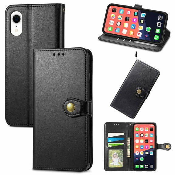 Wallet Case for iPhone XR Magnetic Clasp Folio Kickstand Premium Leather Case with Hand Strap, [RFID Blocking] Credit Card Slots Shockproof TPU Inner Cover For iPhone XR, Black