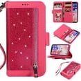 thumbnail image 1 of Wallet Case for iPhone XR,Magnetic Handbag Zipper Pocket PU Leather Flip with 9 Card Slots and Wrist Strap Folio TPU Inner Stand Case for iPhone XR - Rose Red, 1 of 14
