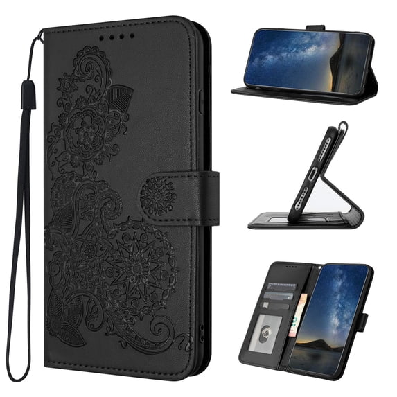 Wallet Case for iPhone XR, PU Leather Flip Protective Phone Case Wrist Strap Card Slots Holder Pocket Emboss Flower Stand Magnetic Book Case for iPhone XR - Black
