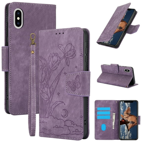 Wallet Case for iPhone XR,PU Leather Wallet Flip Protective Phone Case Wrist Strap Card Slots Holder Pocket Emboss Butterfly Flower Stand Shockproof Phone Case for iPhone XR,Purple