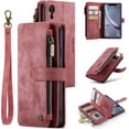 thumbnail image 1 of Wallet Case for iPhone XR, Premium Handmade PU Leather Phone Case Card Slots Magnetic Closure Zipper Pocket Kickstand Flip Case with Hand Strap - Vintage Red, 1 of 14