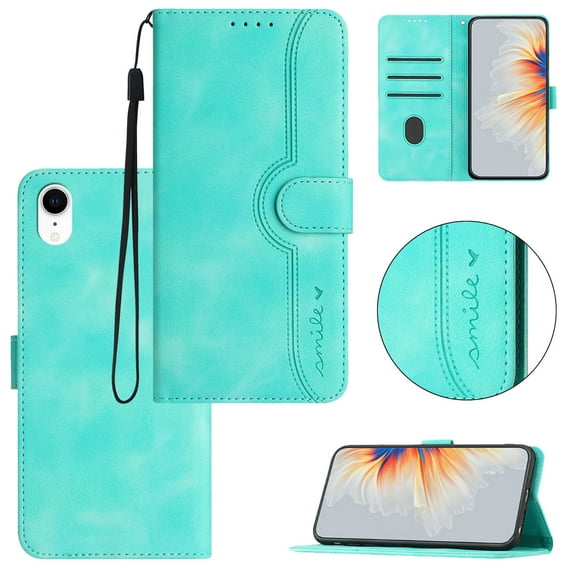 Wallet Case for iPhone XR, Smile Design Premium Leather Credit Card Holder Wallet RFID Blocking Case with Wrist Strap Stand Magnetic Flip Cover For iPhone XR, Green