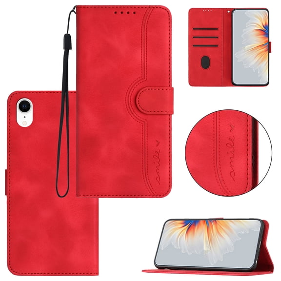 Wallet Case for iPhone XR, Smile Design Premium Leather Credit Card Holder Wallet RFID Blocking Case with Wrist Strap Stand Magnetic Flip Cover For iPhone XR, Red