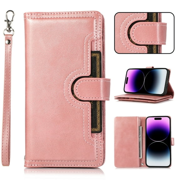 Wallet Case for iPhone XR with Wrist Strap [9 Card Slots] PU Leather RFID Blocking ID Credit Holder & Outer Pocket Folio Flip Kickstand Magnetic Clasp Shockproof Phone Cover,Rosegold