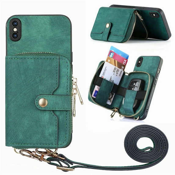 Wallet Case for iPhone XS Max, Adjustable Detachable Crossbody Zipper Purse Case with Card Holder & Kickstand, PU Leather Flip Folio Case for iPhone XS Max, Green