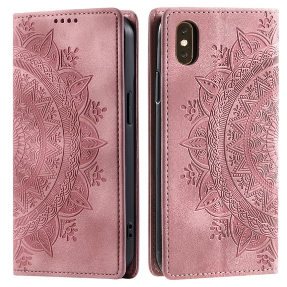 Wallet Case for iPhone XS Max Embossed Pattern Flip Kickstand Classic PU Leather Case for iPhone XS Max with Card Holder, Magnetic Shockproof Protection Totem Pattern Purse Cover, Pink