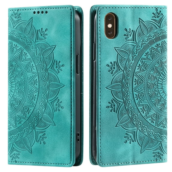 Wallet Case for iPhone XS Max Embossed Pattern Flip Kickstand Classic PU Leather Case for iPhone XS Max with Card Holder, Magnetic Shockproof Protection Totem Pattern Purse Cover, Green