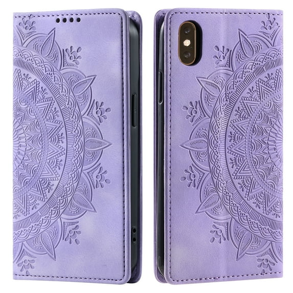Wallet Case for iPhone XS Max Embossed Pattern Flip Kickstand Classic PU Leather Case for iPhone XS Max with Card Holder, Magnetic Shockproof Protection Totem Pattern Purse Cover, Purple