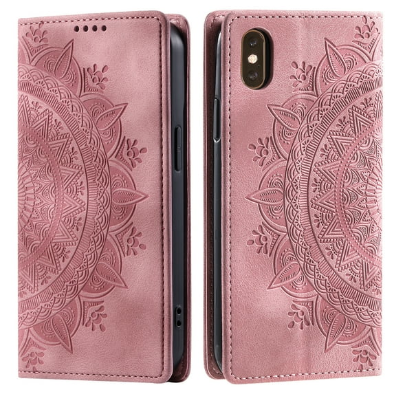 Wallet Case for iPhone XS Max Embossed Pattern Flip Kickstand Classic PU Leather Case for iPhone XS Max with Card Holder, Magnetic Shockproof Protection Totem Pattern Purse Cover, Pink