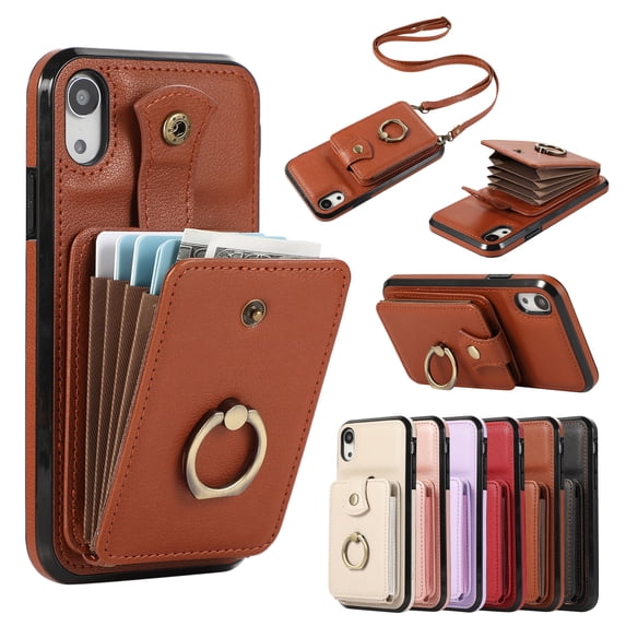 Wallet Case for iPhone XS Max, Kickstand Ring Holder Premium PU Leather Case with Crossbody Strap,Card Holder Slot Money Pocket 360°Rotation Metal Ring Grip Kickstand Cover,Brown