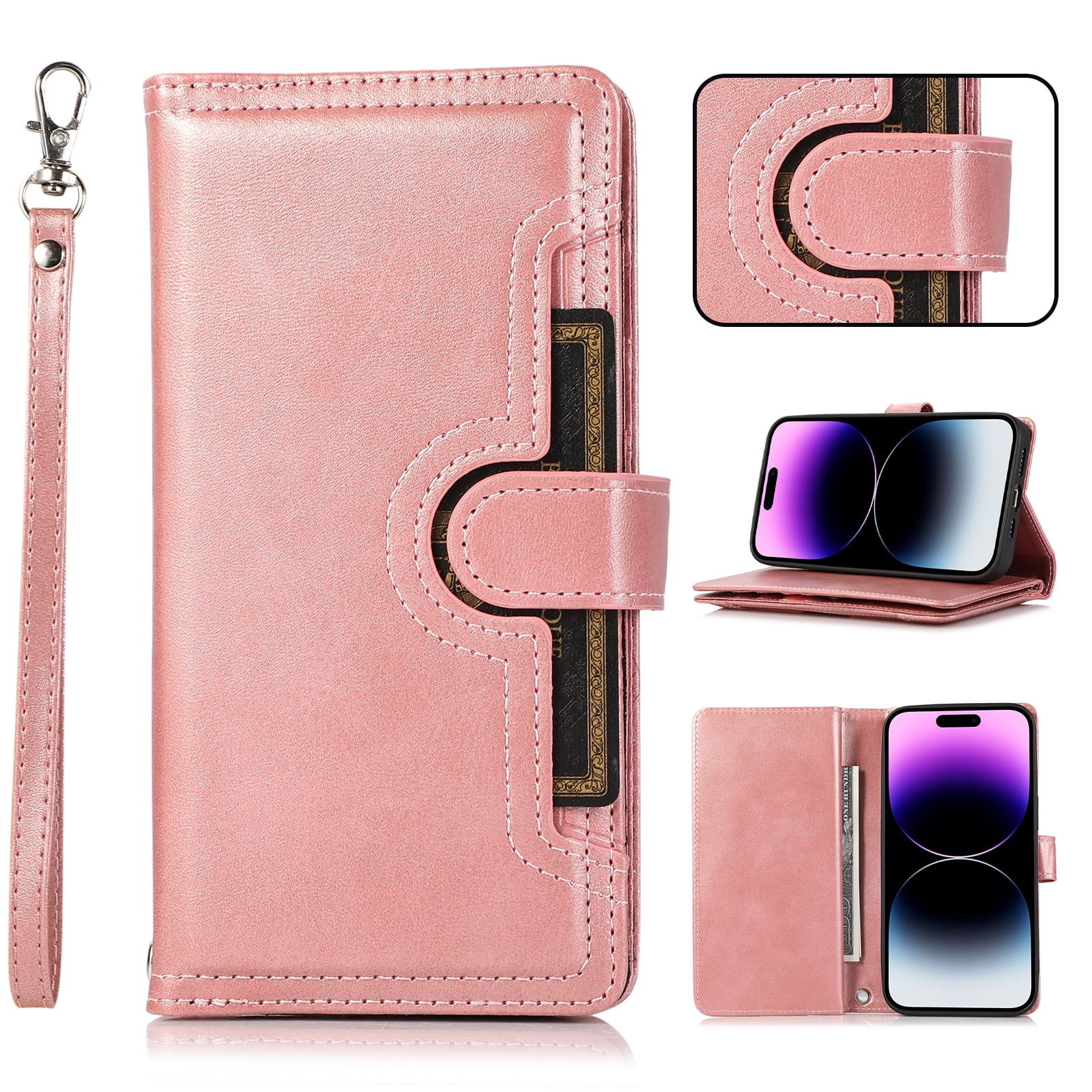 IPhone 11, IPhone 11 Wallet Case Women Men, Durable Embossed PU Leather Magnetic Flip Zipper Card Holder Phone Case With Wristlet Strap, Red