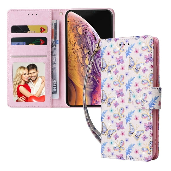 Wallet Case for iPhone XS/X 5.8 Inch with Card Slots Magnetic Clasp Wrist Strap Cover, Premium PU Leather Soft TPU Shockproof Flower Pattern Bronzing Kickstand Flip Folio Phone Case,Butterfly Flower