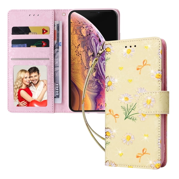 Wallet Case for iPhone XS/X 5.8 Inch with Card Slots Magnetic Clasp Wrist Strap Cover, Premium PU Leather Soft TPU Shockproof Flower Pattern Bronzing Kickstand Flip Folio Phone Case,Yellow Daisy