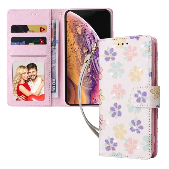 Wallet Case for iPhone XS/X 5.8 Inch with Card Slots Magnetic Clasp Wrist Strap Cover, Premium PU Leather Soft TPU Shockproof Flower Pattern Bronzing Kickstand Flip Folio Phone Case,Small Flowers