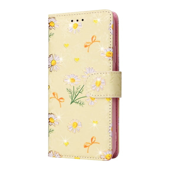 Wallet Case for iPhone XS/X 5.8 Inch, Flower Pattern Soft TPU Shockproof Bracket Wrist Strap Phone Cover with Cash Holder Card Slots Magnetic Closure Kickstand Flip Folio Case,Yellow Daisy