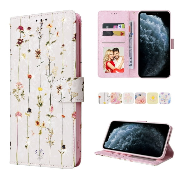 Wallet Case for iPhone XS/X 5.8 Inch, Premium Flower Pattern Bronzing PU Leather Soft TPU Shockproof Flip Folio Phone Case with Card Slots Magnetic Clasp Wrist Strap Kickstand Cover,Dried Flowers