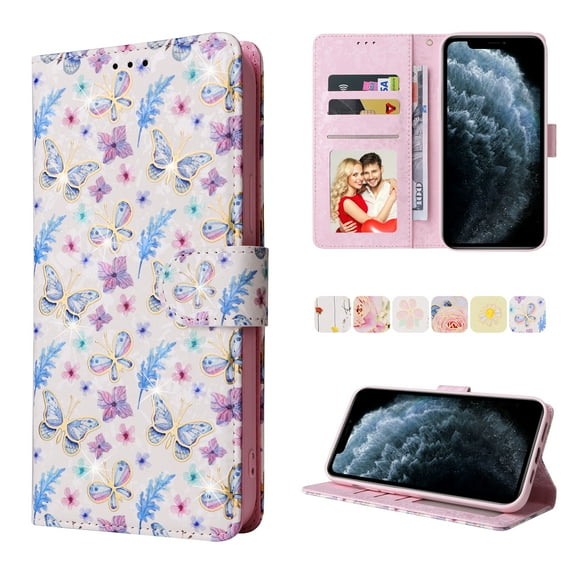 Wallet Case for iPhone XS/X 5.8 Inch, Premium Flower Pattern Bronzing PU Leather Soft TPU Shockproof Flip Folio Phone Case with Card Slots Magnetic Clasp Wrist Strap Kickstand Cover,Butterfly Flower