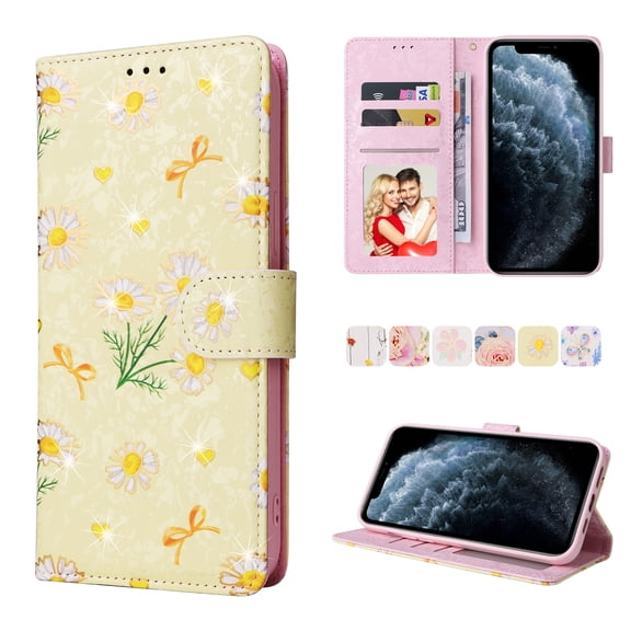 Wallet Case for iPhone XS/X 5.8 Inch, Premium Flower Pattern Bronzing PU Leather Soft TPU Shockproof Flip Folio Phone Case with Card Slots Magnetic Clasp Wrist Strap Kickstand Cover,Yellow Daisy