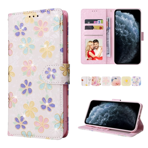 Wallet Case for iPhone XS/X 5.8 Inch, Premium Flower Pattern Bronzing PU Leather Soft TPU Shockproof Flip Folio Phone Case with Card Slots Magnetic Clasp Wrist Strap Kickstand Cover,Small Flowers