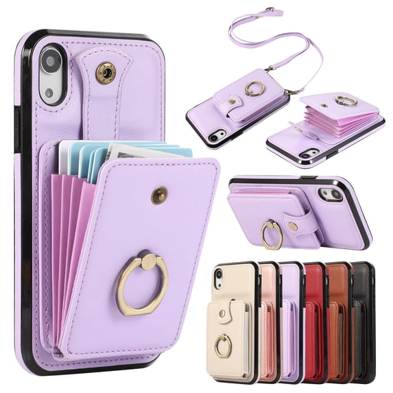 Wallet Case for iPhone XS/X, Kickstand Ring Holder Premium PU Leather Case with Crossbody Strap,Card Holder Slot Money Pocket 360°Rotation Metal Ring Grip Kickstand Cover,Purple