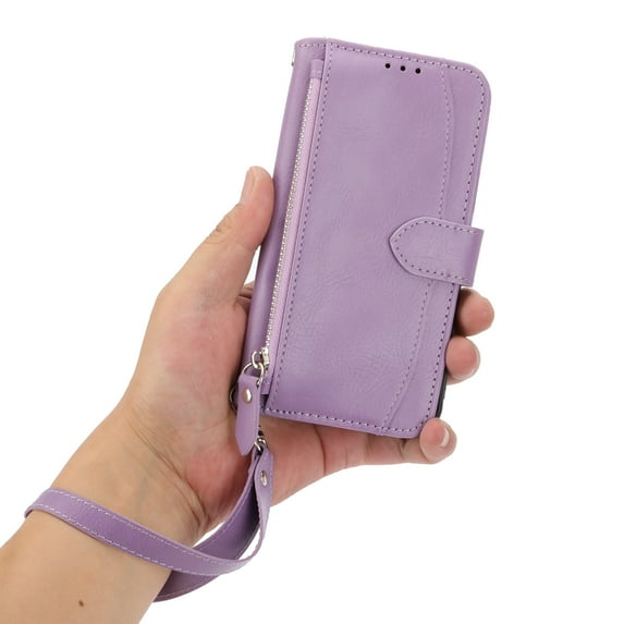 Wallet Case for iPhone XS/X, PU Leather Zipper Shockproof Flip Folio Cover with Card Slots Kickstand Magnetic Wrist Strap Case for iPhone XS/X (5.8 Inch),Purple