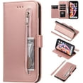 thumbnail image 1 of Wallet Case for iPhone Xs iPhone X, 5 Card Slots Magnetic Closure Zipper Pocket Handbag PU Leather Flip Case with Wrist Strap TPU Kickstand Cover for iPhone Xs/iPhone X - Rose Gold, 1 of 14