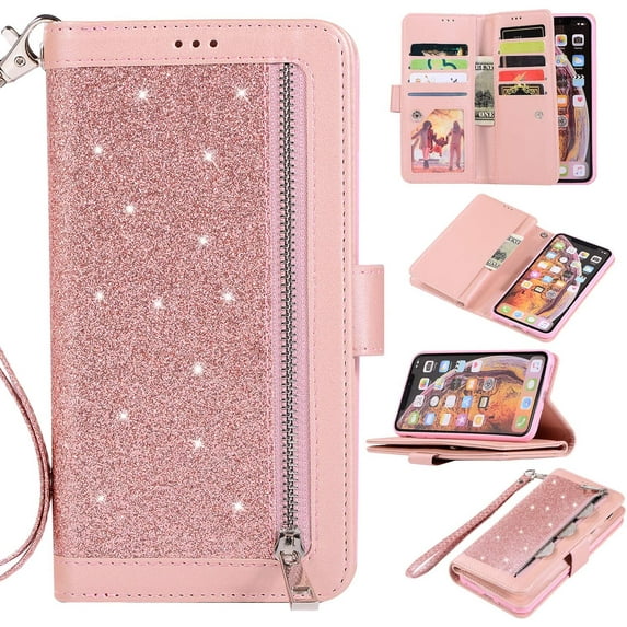Wallet Case for iPhone Xs iPhone X, Handbag Zipper Pocket PU Leather Flip with 9 Card Slots and Wrist Strap Folio TPU Inner Stand Case for iPhone Xs/iPhone X - Rose Gold