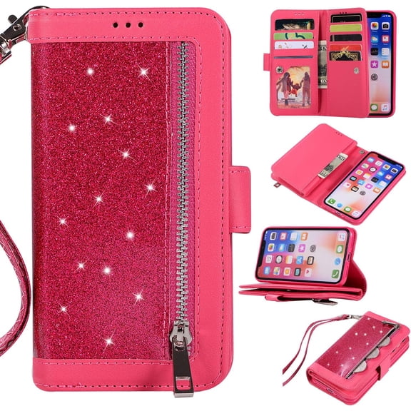 Wallet Case for iPhone Xs iPhone X,Magnetic Handbag Zipper Pocket PU Leather Flip with 9 Card Slots and Wrist Strap Folio TPU Inner Stand Case for iPhone Xs/iPhone X - Rose Red