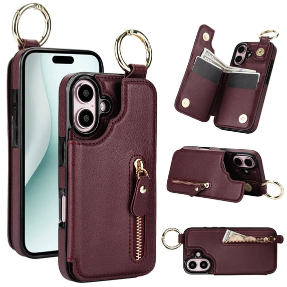 Wallet Case for iPhone iPhone 16 Plus, Premium Vintage PU Leather Magnetic Closure Handbag Zipper Pocket Case Kickstand Card Holder Slots with Ring Hook Shockproof Flip Cover, Jujube Red