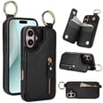 thumbnail image 1 of Wallet Case for iPhone iPhone 16 Plus, Premium Vintage PU Leather Magnetic Closure Handbag Zipper Pocket Case Kickstand Card Holder Slots with Ring Hook Shockproof Flip Cover, Black, 1 of 9