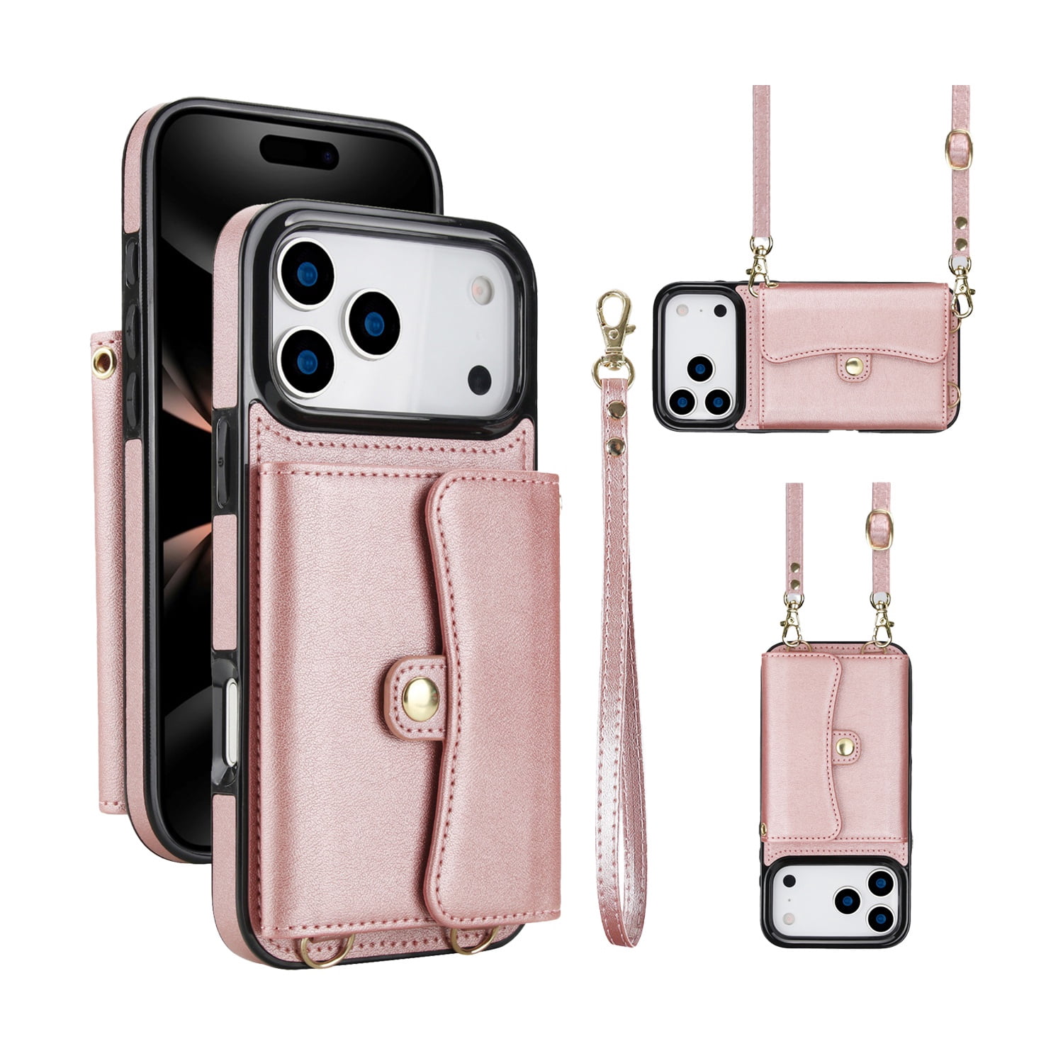 Wallet Case with 8 Card Slots & Cross Body Strap for iPhone 17 Pro - Rose Gold
