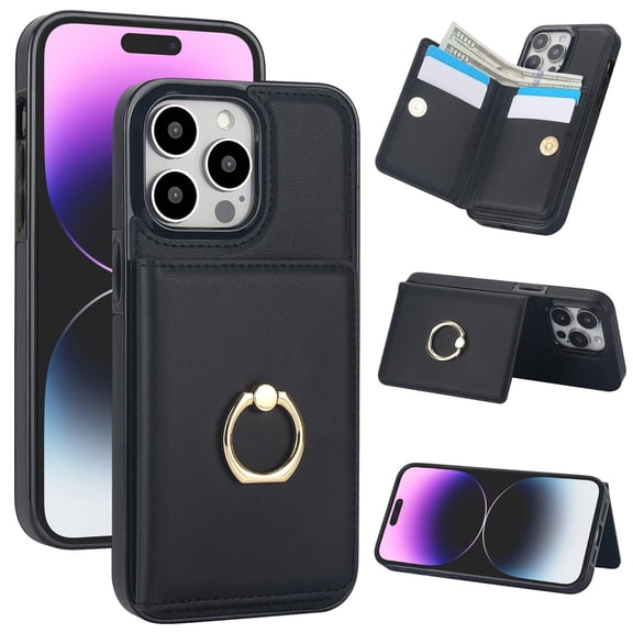 Wallet Case with Card Holder for iPhone 13 Pro Max, 360° Rotation Ring Kickstand Magnetic Clasp and Durable Shockproof Cover