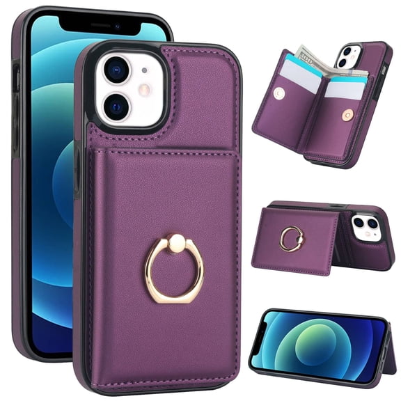 Wallet Case with Card Holder for iPhone 14, 360° Rotation Ring Kickstand Magnetic Clasp and Durable Shockproof Cover