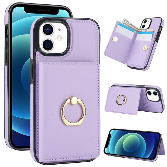 Wallet Case with Card Holder for iPhone 14 Plus, 360° Rotation Ring Kickstand Magnetic Clasp and Durable Shockproof Cover
