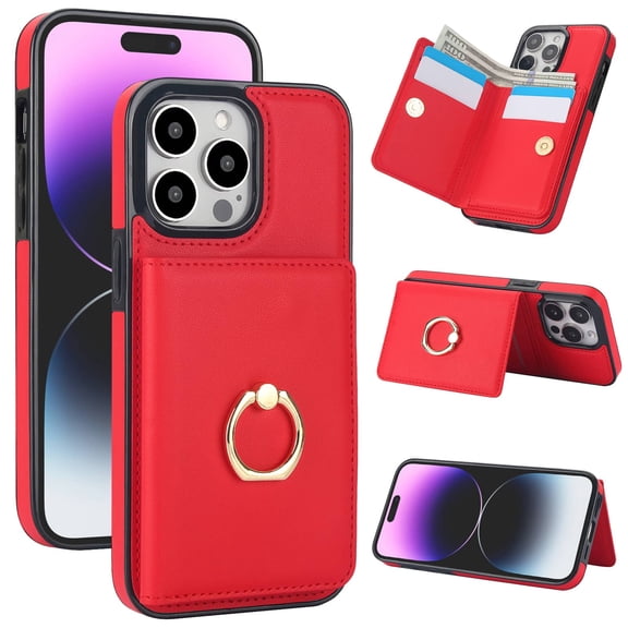 Wallet Case with Card Holder for iPhone 14 Pro, 360° Rotation Ring Kickstand Magnetic Clasp and Durable Shockproof Cover