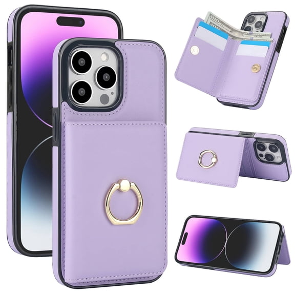 Wallet Case with Card Holder for iPhone 14 Pro, 360° Rotation Ring Kickstand Magnetic Clasp and Durable Shockproof Cover