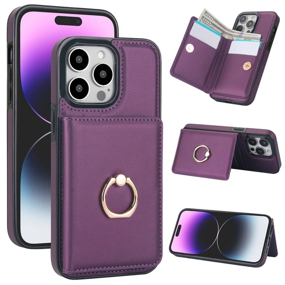 Wallet Case with Card Holder for iPhone 14 Pro Max, 360° Rotation Ring Kickstand Magnetic Clasp and Durable Shockproof Cover