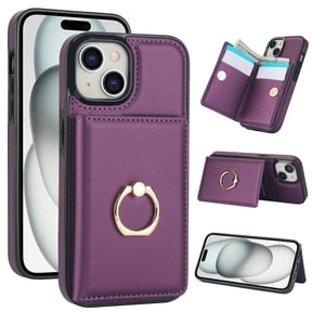 Wallet Case with Card Holder for iPhone 15, 360° Rotation Ring Kickstand Magnetic Clasp and Durable Shockproof Cover