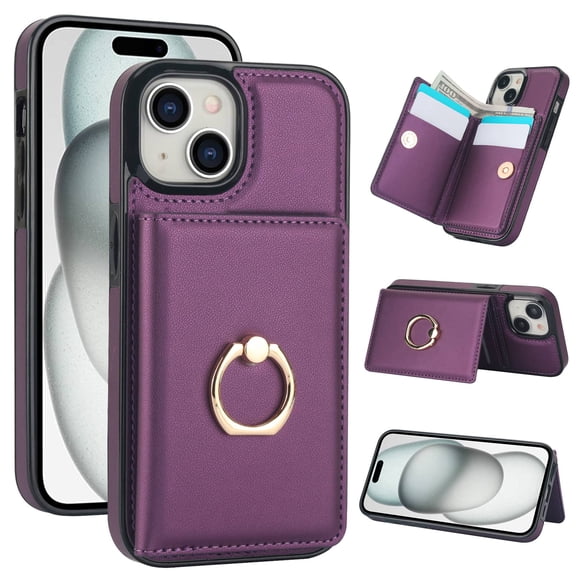Wallet Case with Card Holder for iPhone 15, 360° Rotation Ring Kickstand Magnetic Clasp and Durable Shockproof Cover