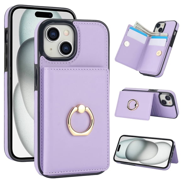 Wallet Case with Card Holder for iPhone 15, 360° Rotation Ring Kickstand Magnetic Clasp and Durable Shockproof Cover