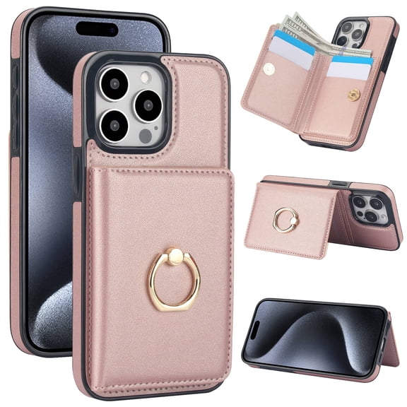 Wallet Case with Card Holder for iPhone 15 Pro Max, 360° Rotation Ring Kickstand Magnetic Clasp and Durable Shockproof Cover