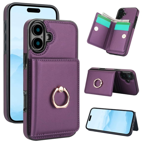 Wallet Case with Card Holder for iPhone 16, 360° Rotation Ring Kickstand Magnetic Clasp and Durable Shockproof Cover