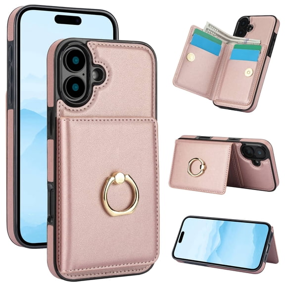 Wallet Case with Card Holder for iPhone 16 Plus, 360° Rotation Ring Kickstand Magnetic Clasp and Durable Shockproof Cover