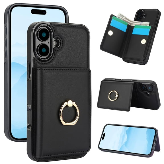 Wallet Case with Card Holder for iPhone 16 Plus, 360° Rotation Ring Kickstand Magnetic Clasp and Durable Shockproof Cover